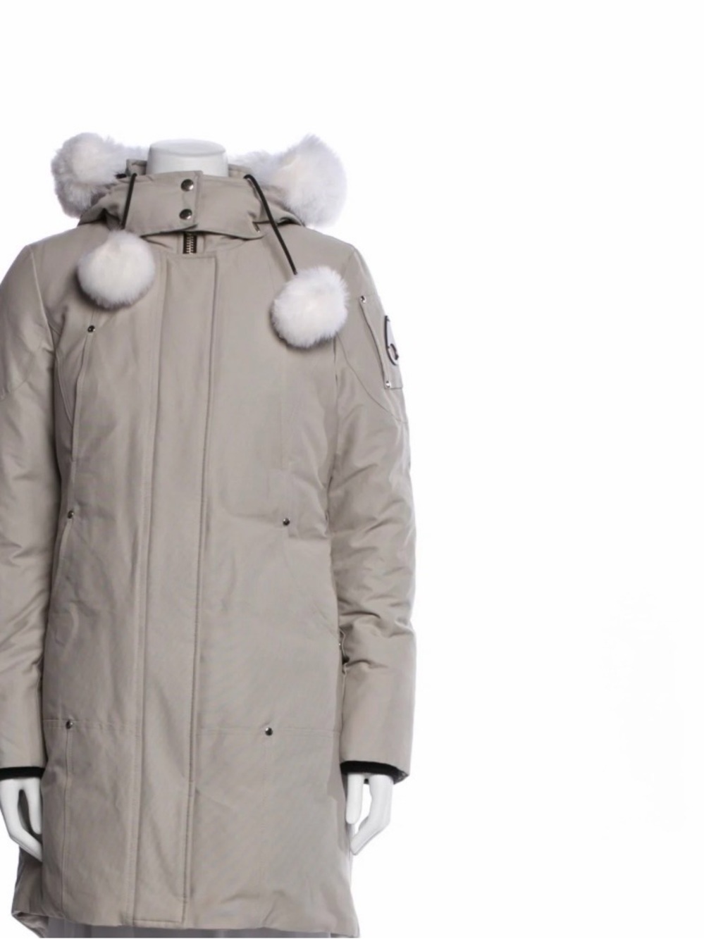 MOOSE KNUCKLES Light Beige Puffer Parka with Fur-Trimmed Hood and Pom Poms